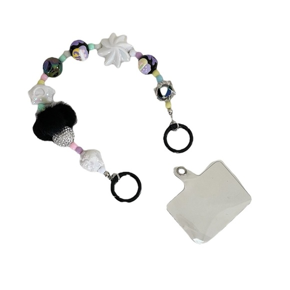 Black & Purple Pom Pom Kitty Beaded Charm Phone Accessory Wristlet with tab - Picture 8 of 17